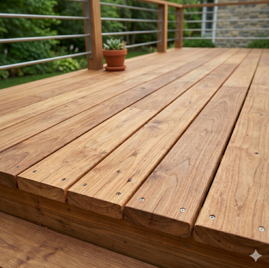 Deck de madeira em área externa com piscina